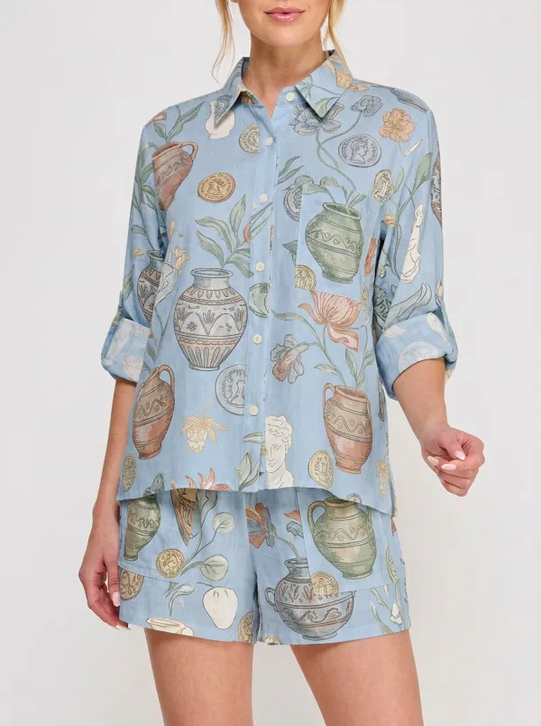 Women's Greek Mythology Art Pottery Coin Printed Button-up Shirt