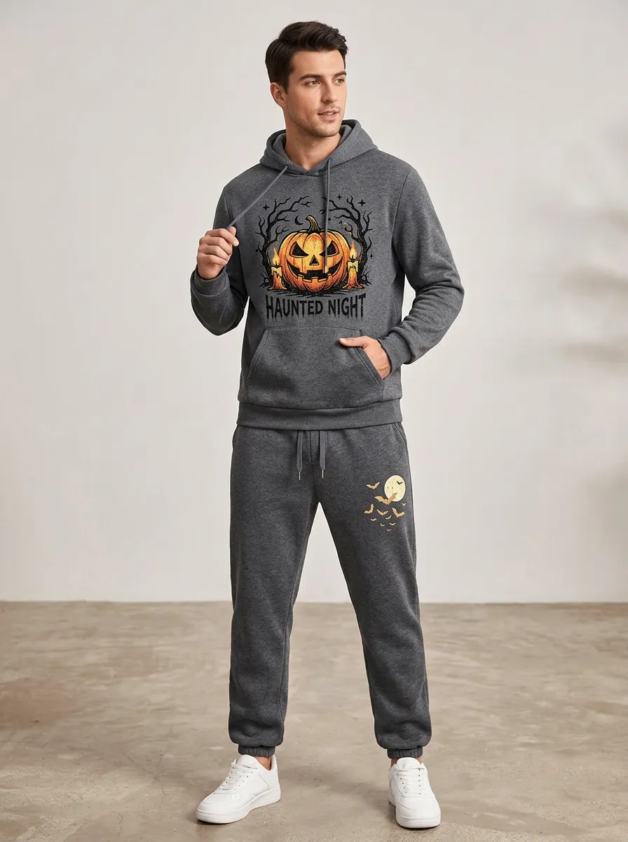 Men's Halloween Charcoal Haunted Night Pumpkin Moon-Graphic Hoodie Jogger Set