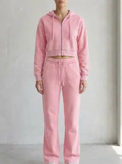 Women's Relaxed Sport Inspired Cropped Hooded Jacket and Flare Pants Active Set