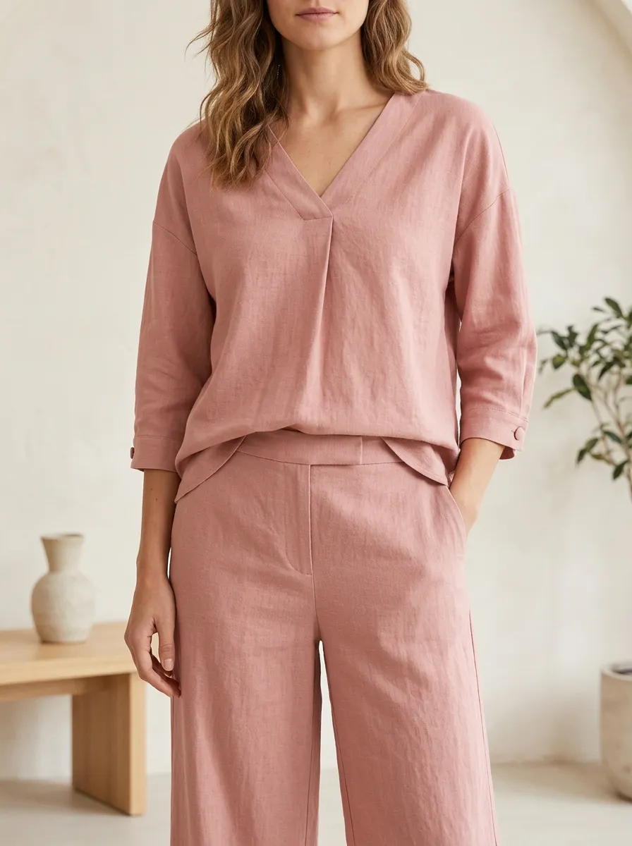 Three-Quarter-Sleeve Linen-Blend Women's V-Neck Shirt