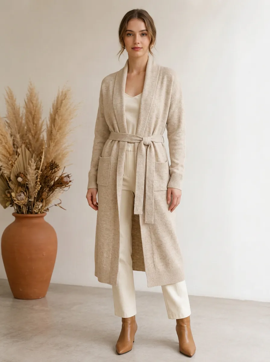 Women's Beige Solid Color Long Sleeve Belted Knit Cardigan