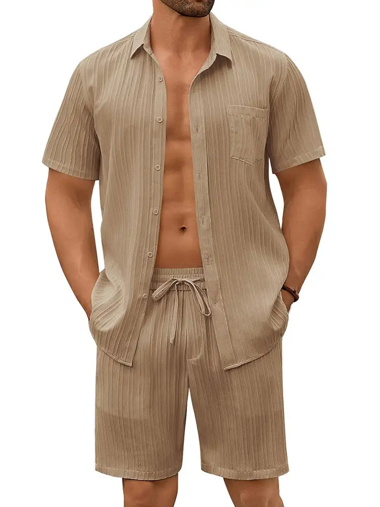 Casual Textured Shirt Shorts Vacation Set