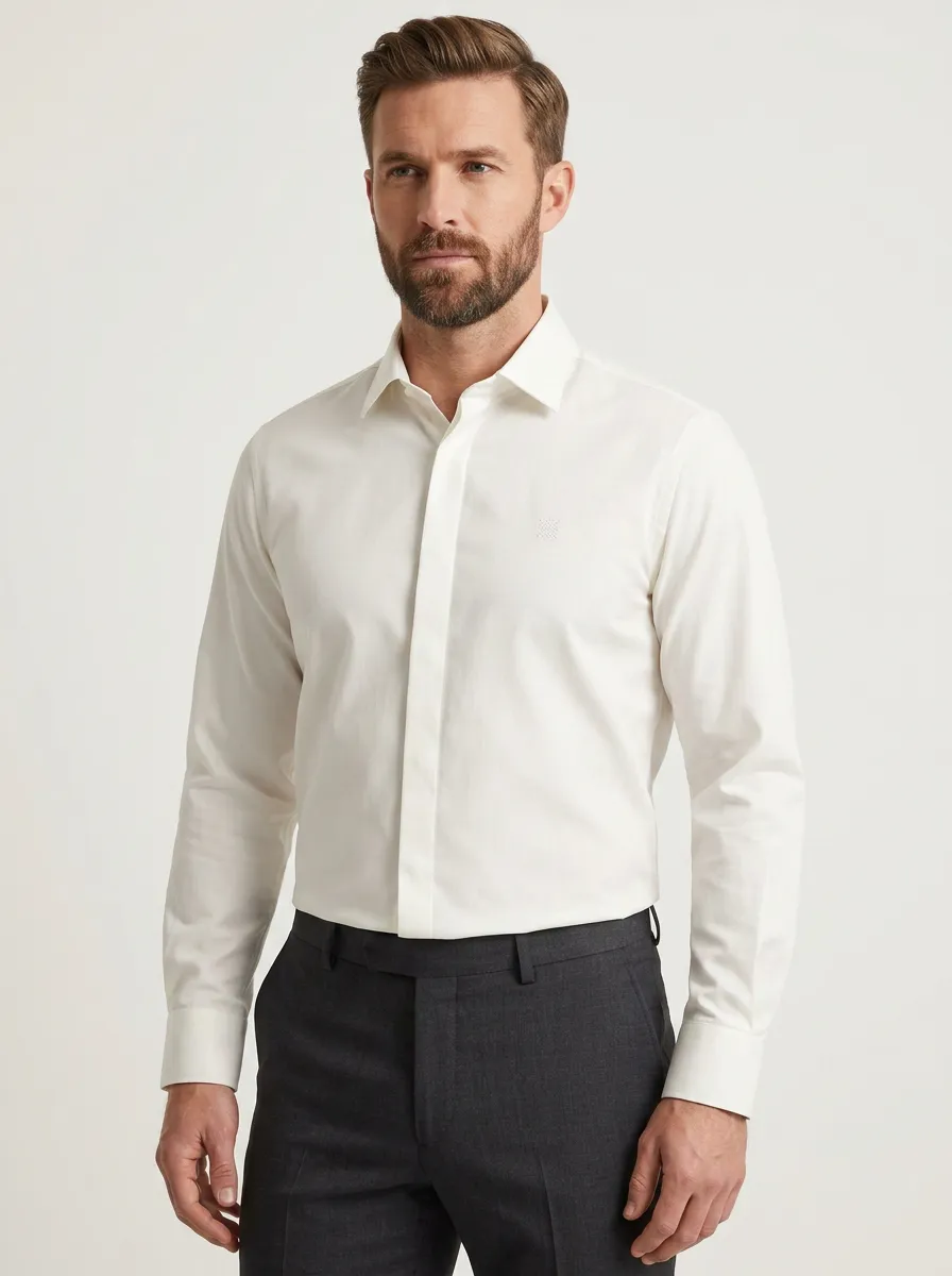 Men's Non-Iron Cotton  Logo Embroidered Long Sleeve Shirt