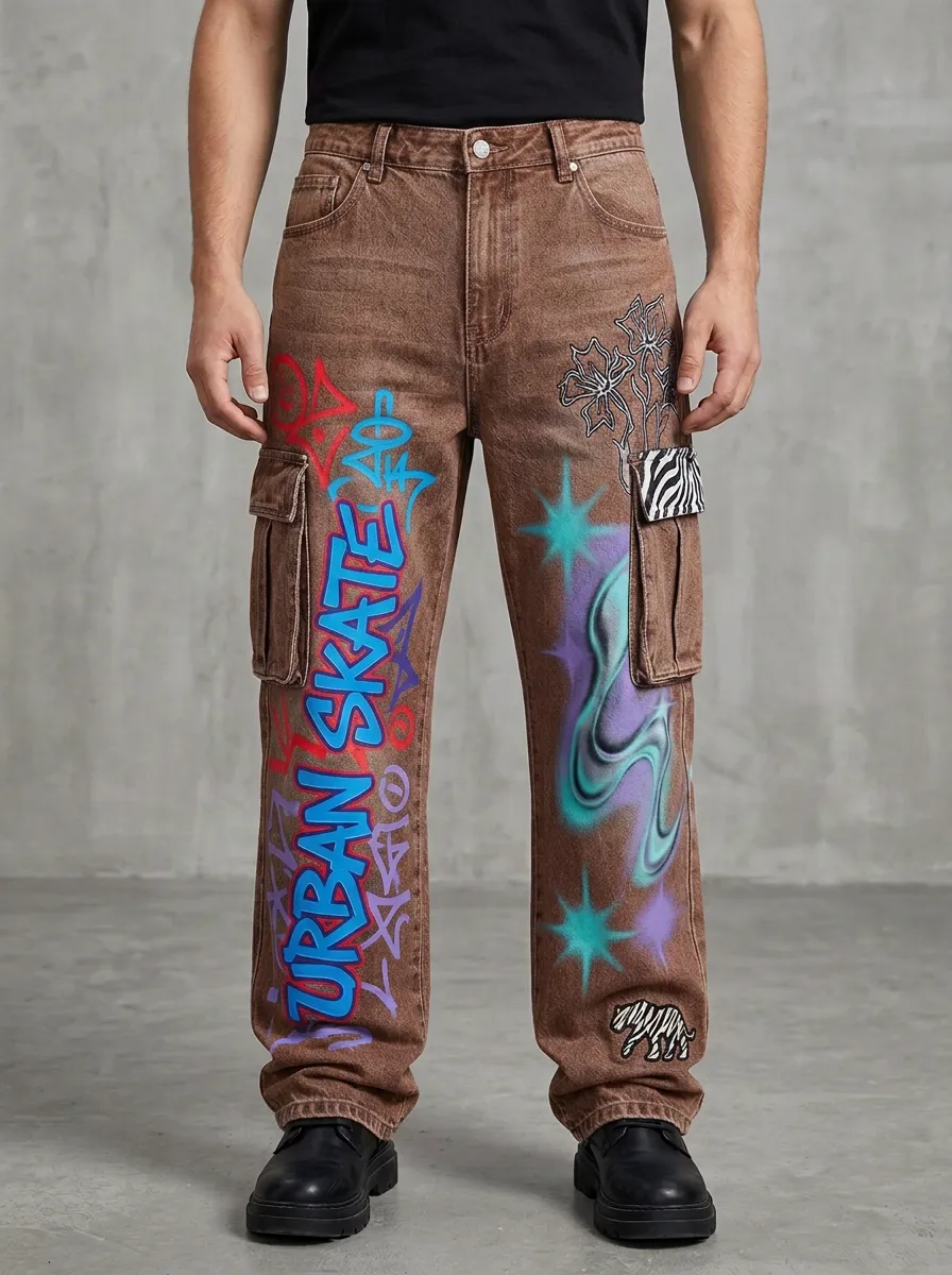 Men's Streetwear Urban Skate Graffiti Zebra Graphic Cargo Jeans