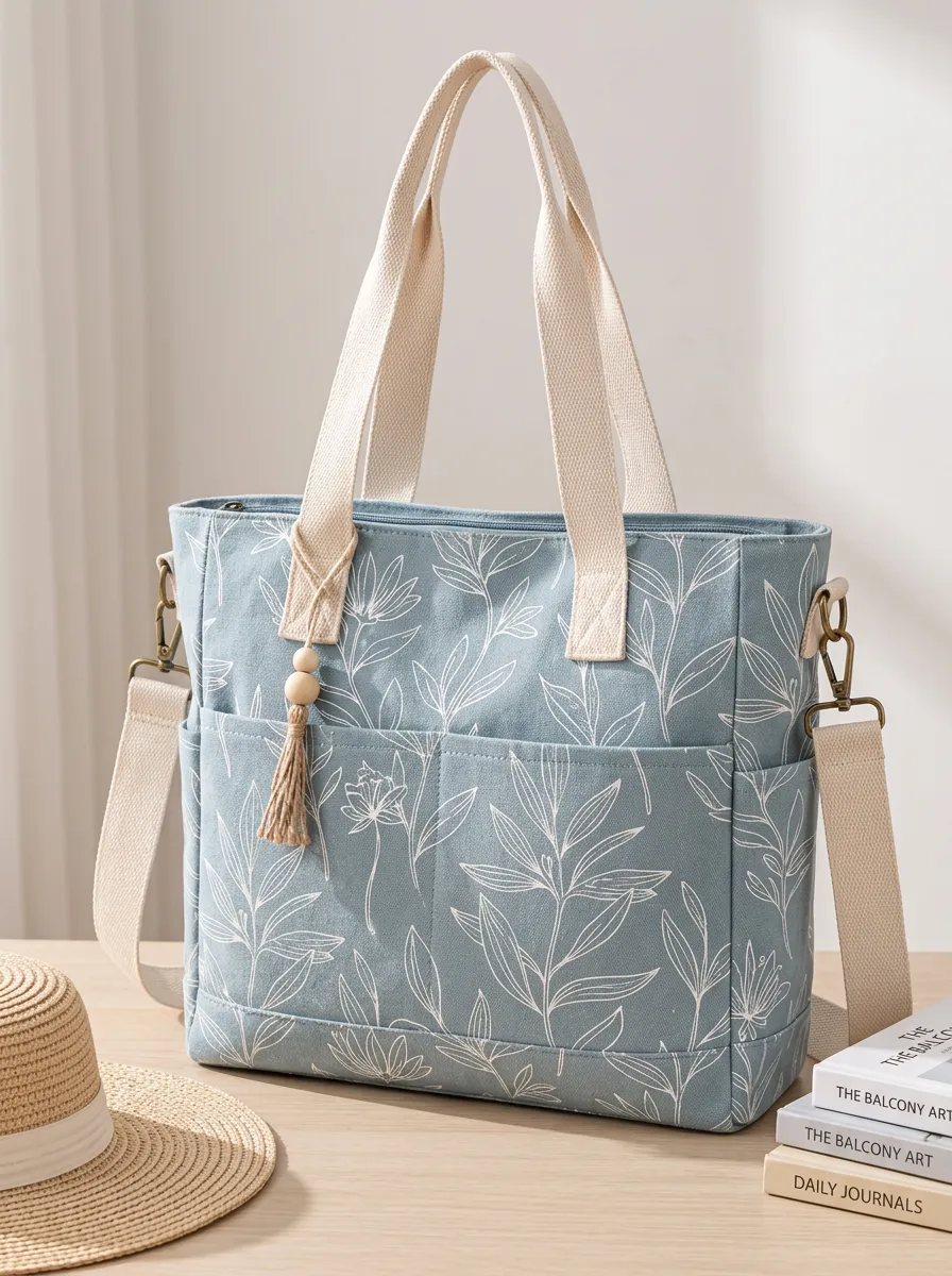 Women's Structured Botanical Floral Line Art Printed Canvas Shoulder Tote Bag