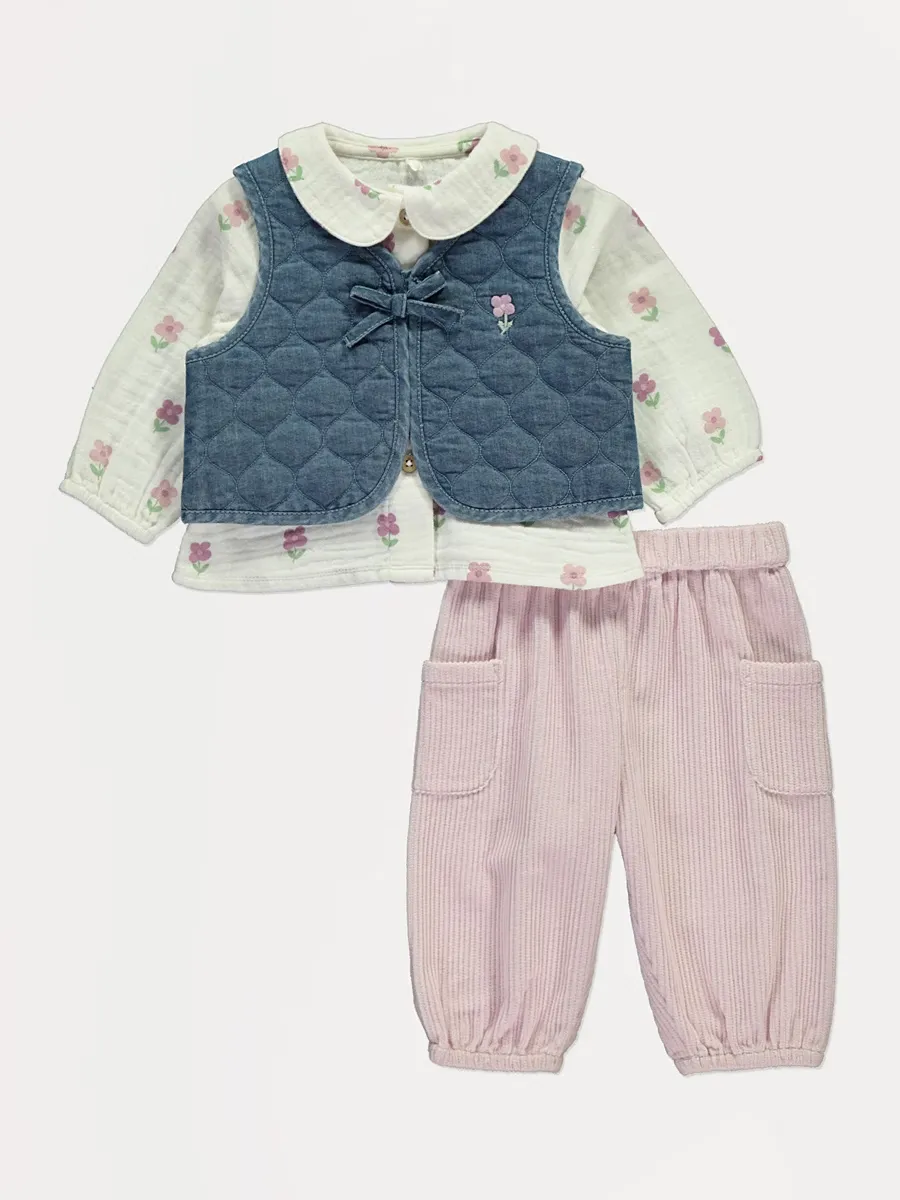 Navy Quilted Waistcoat Blouse and Trousers Outfit