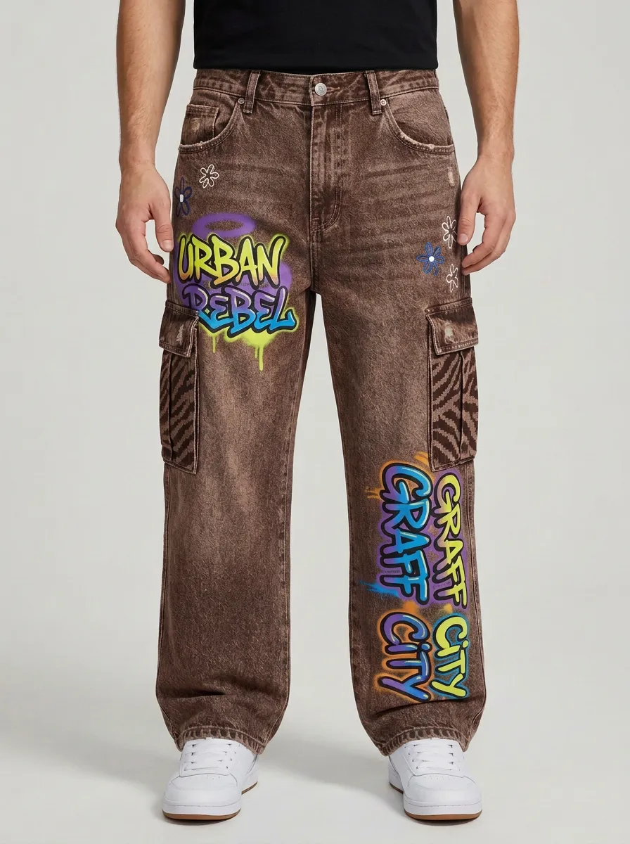 Men's Streetwear Urban Rebel Graffiti Graphic Cargo Jeans