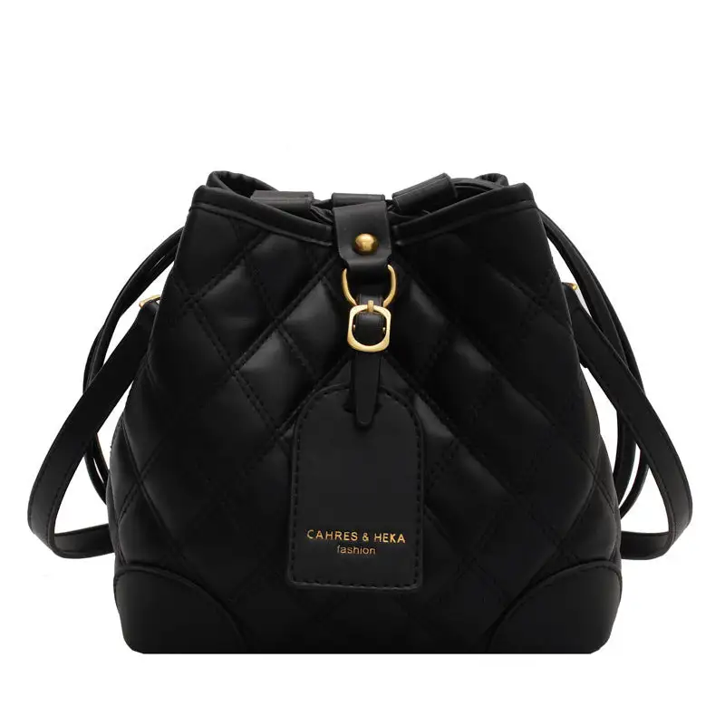 Korean-Inspired Rhombus Pattern PU Bucket Bag Small Handbag