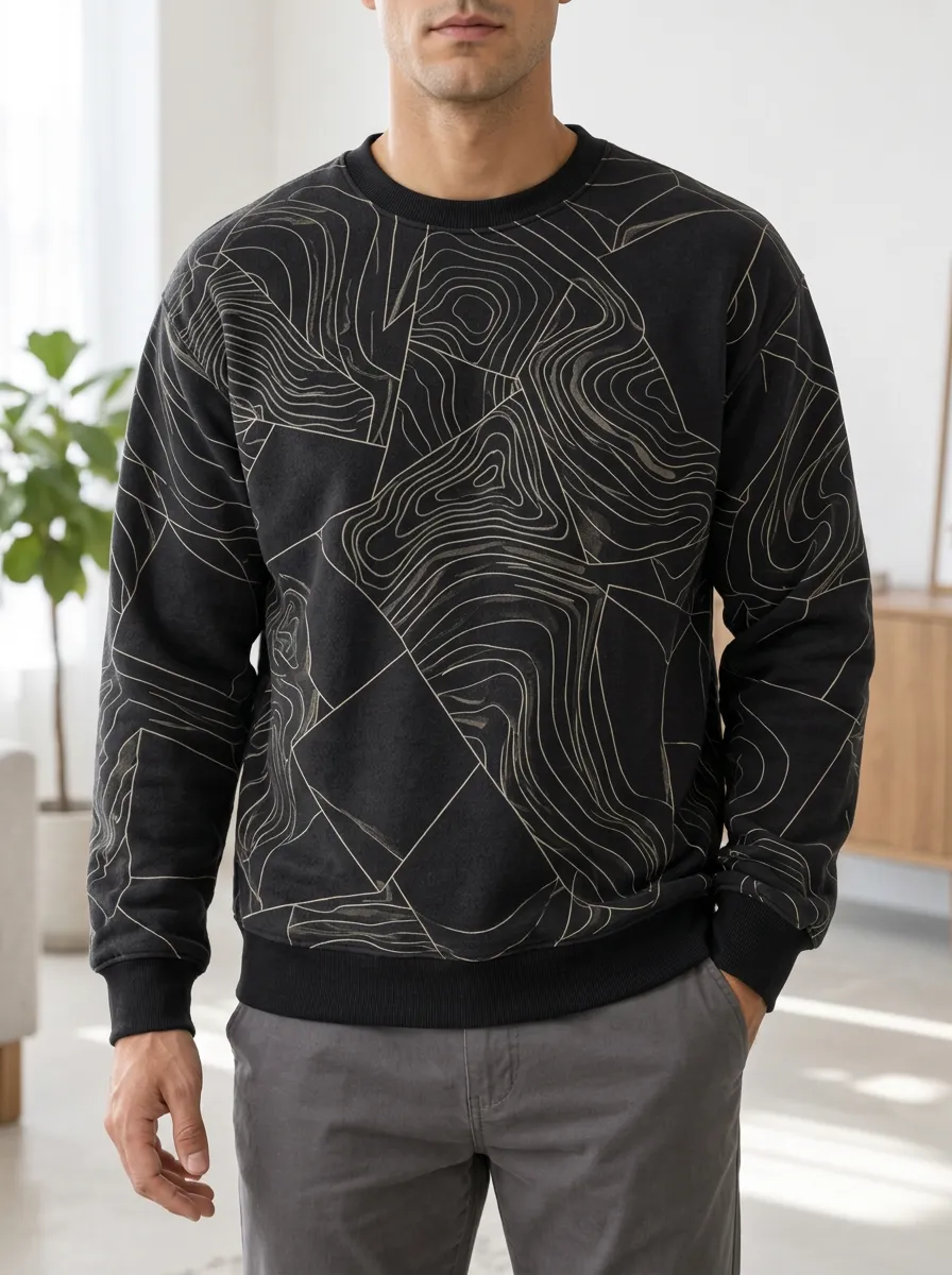 Men's Topographic Print Crewneck Sweatshirt Topographic Geometric