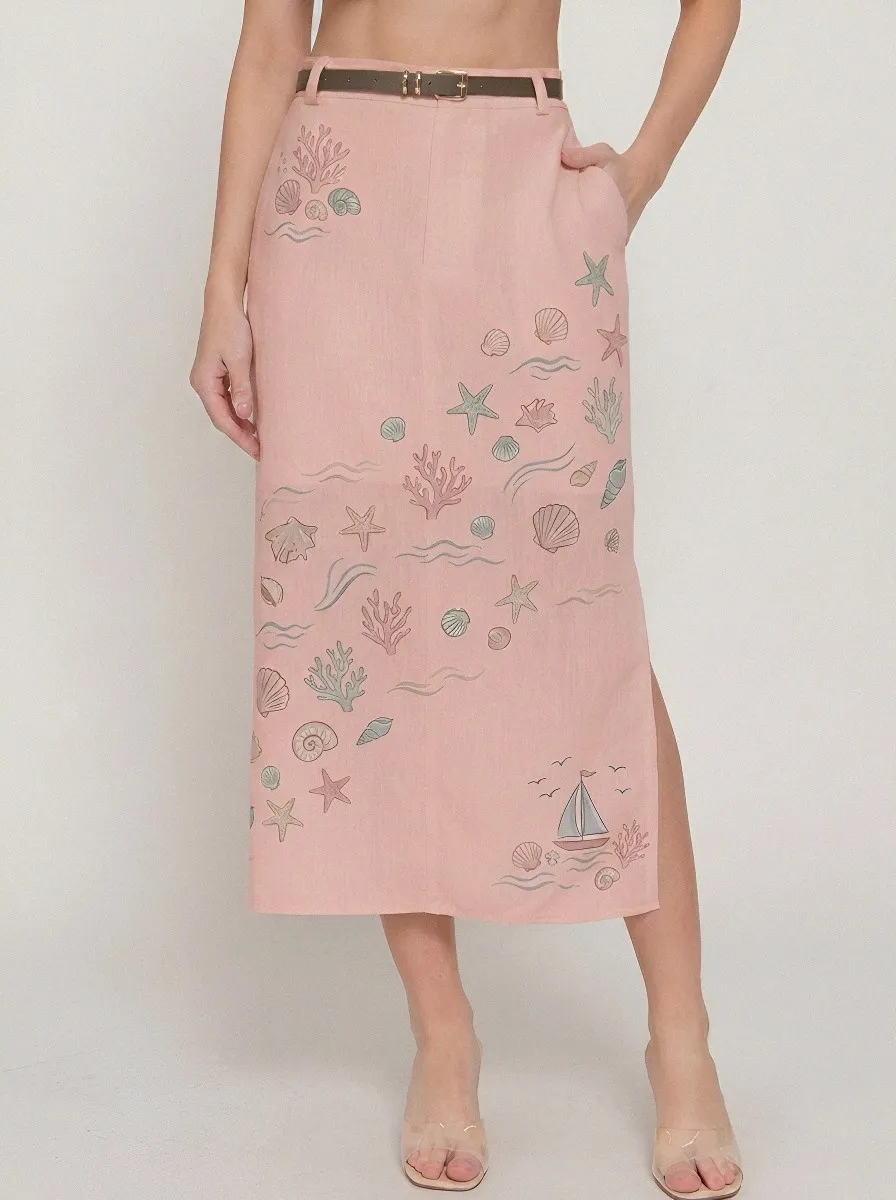 Women's Beach Lover Seashell Sailboat Printed Midi Skirt