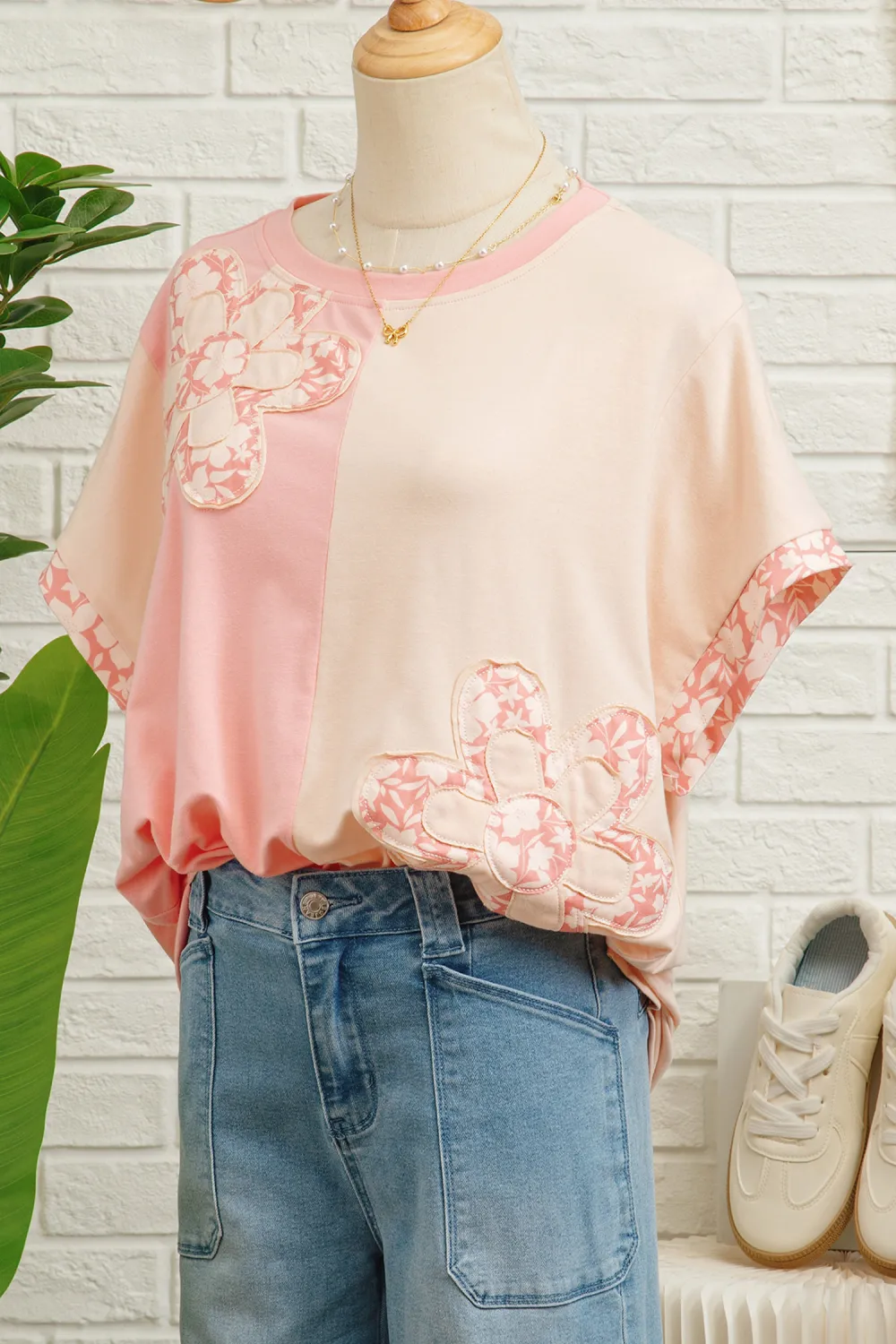 Apricot Block Flower Patched Loose Tee
