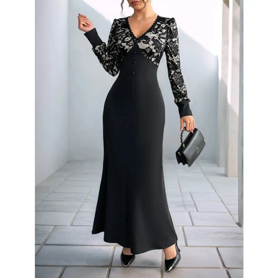 Lace V Neck Long Sleeve Maxi Dress