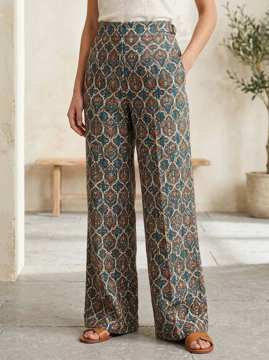 Women's Damask Soft Pattern Printed Wide Leg Pants