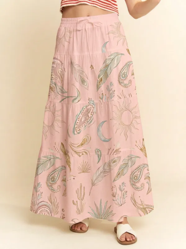 Women's Celestial Boho Feather Paisley Graphic Maxi Skirt