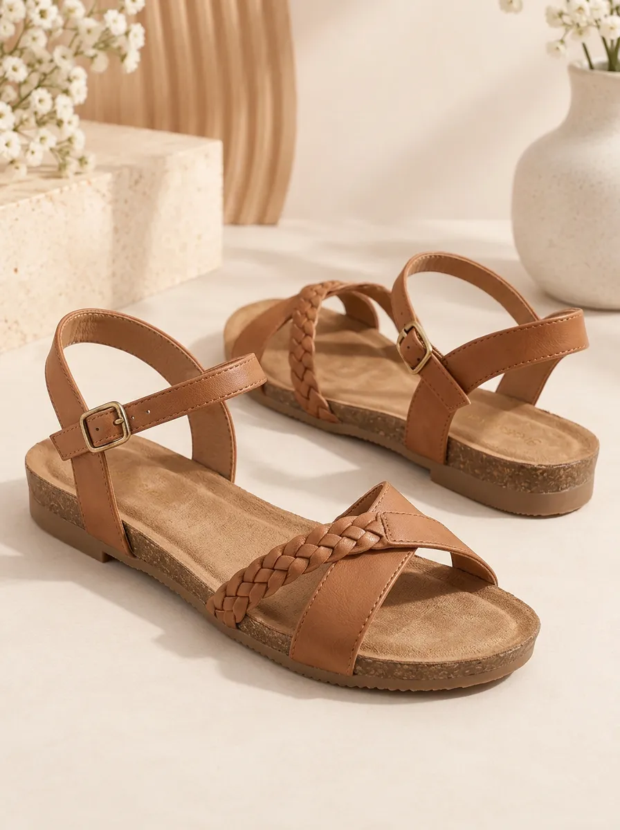 Women's Braided Faux Leather Flat Sandals