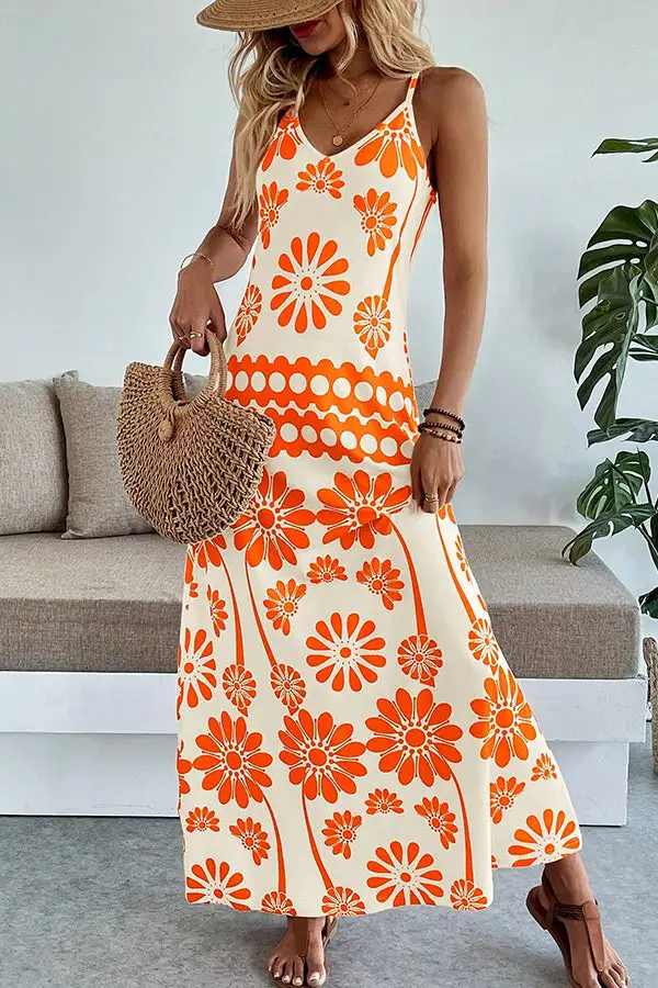 Floral Print V Neck Maxi Dress