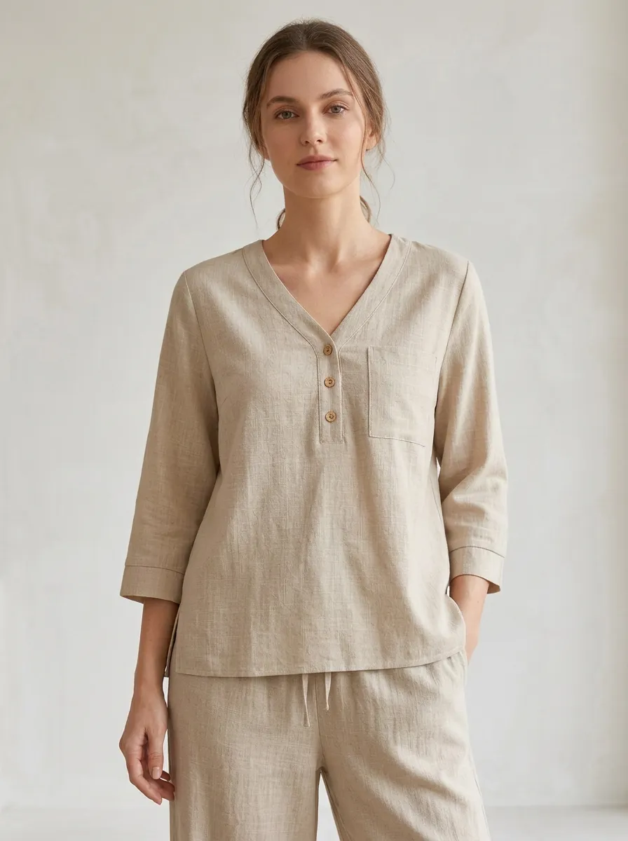 Pocket Three-Quarter-Sleeve Women's V-Neck Shirt
