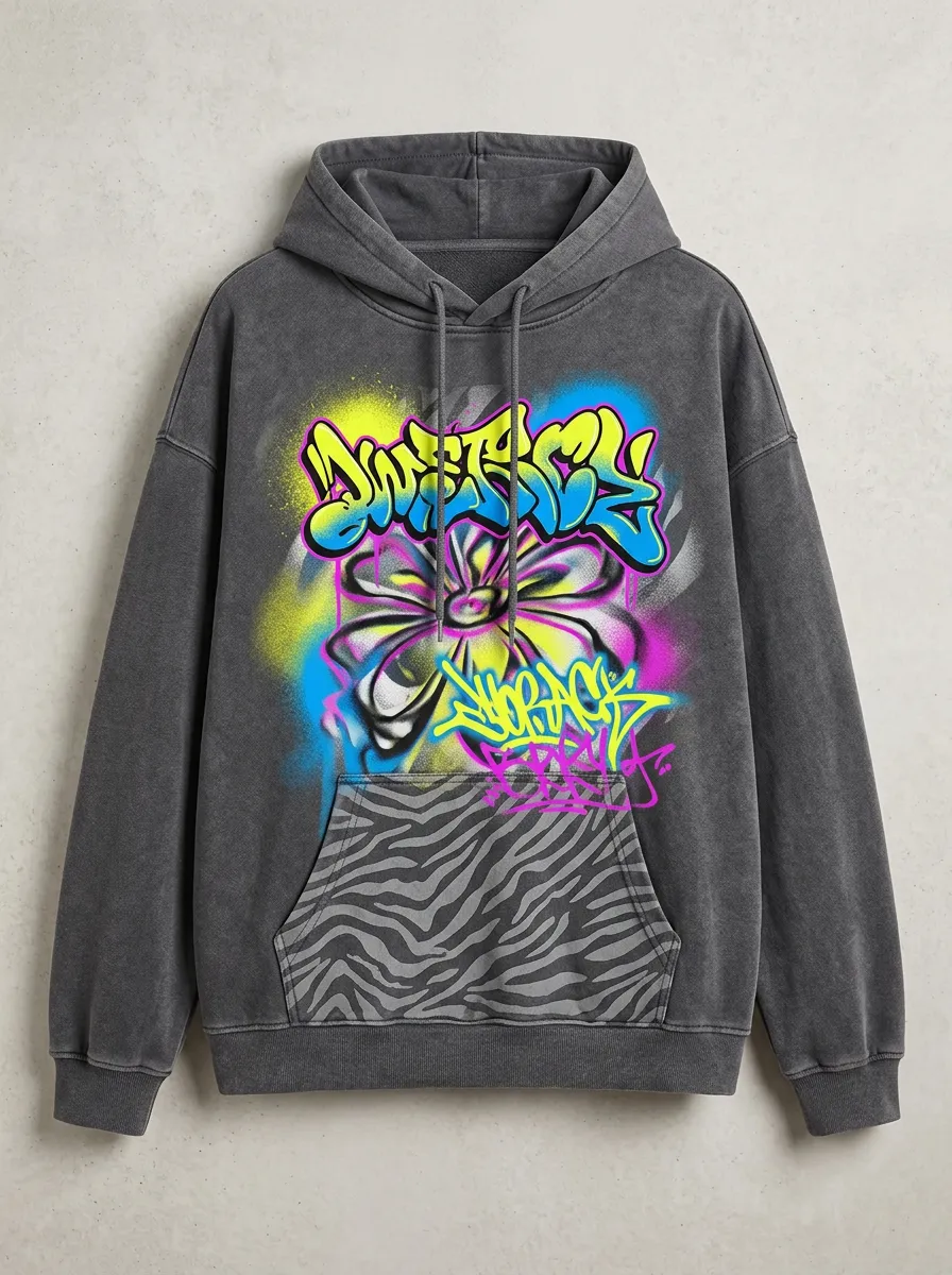 Unisex Streetwear Graffiti Flower Zebra Pocket Graphic Hoodie