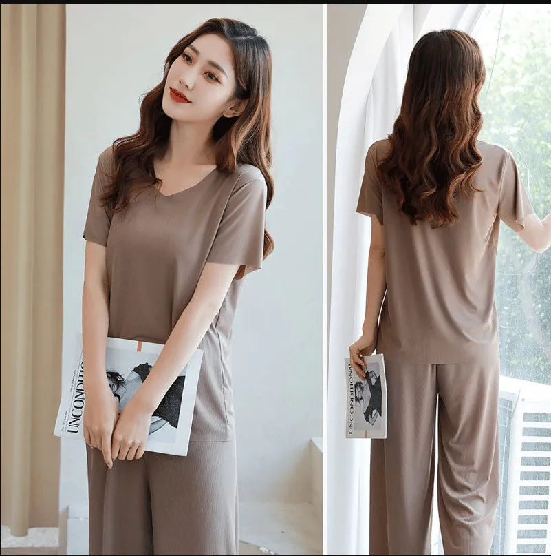 (💥48 % OFF)Soft Comfortable Ice Silk Short Sleeve T-Shirt Two Piece Set Loose Wide-leg Pants