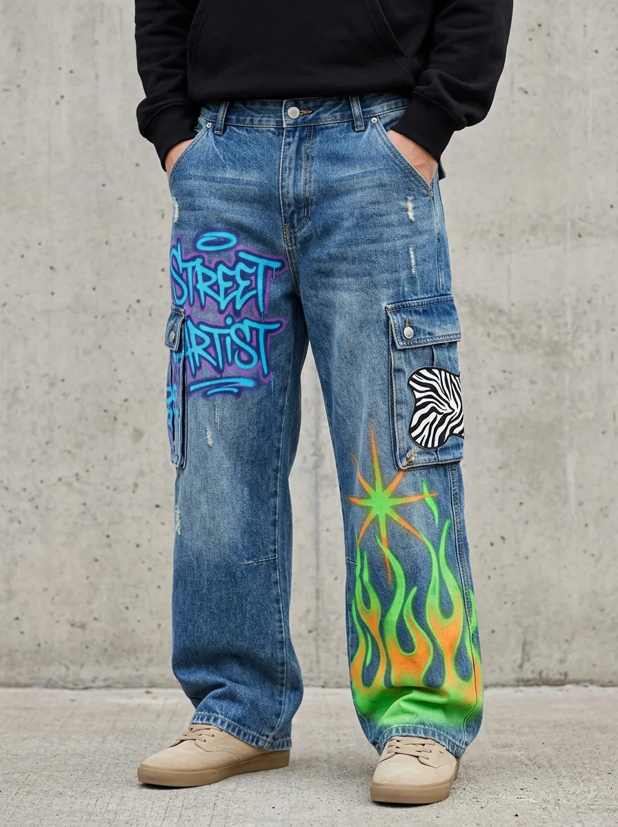 Men's Canvas Graffiti Flame Graphic Cargo Jeans