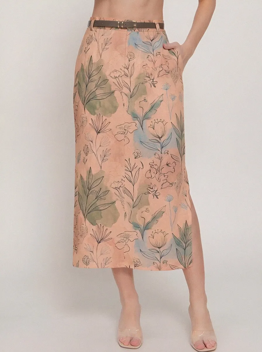 Women's Belted Botanical Garden Floral Watercolor Printed Midi Skirt