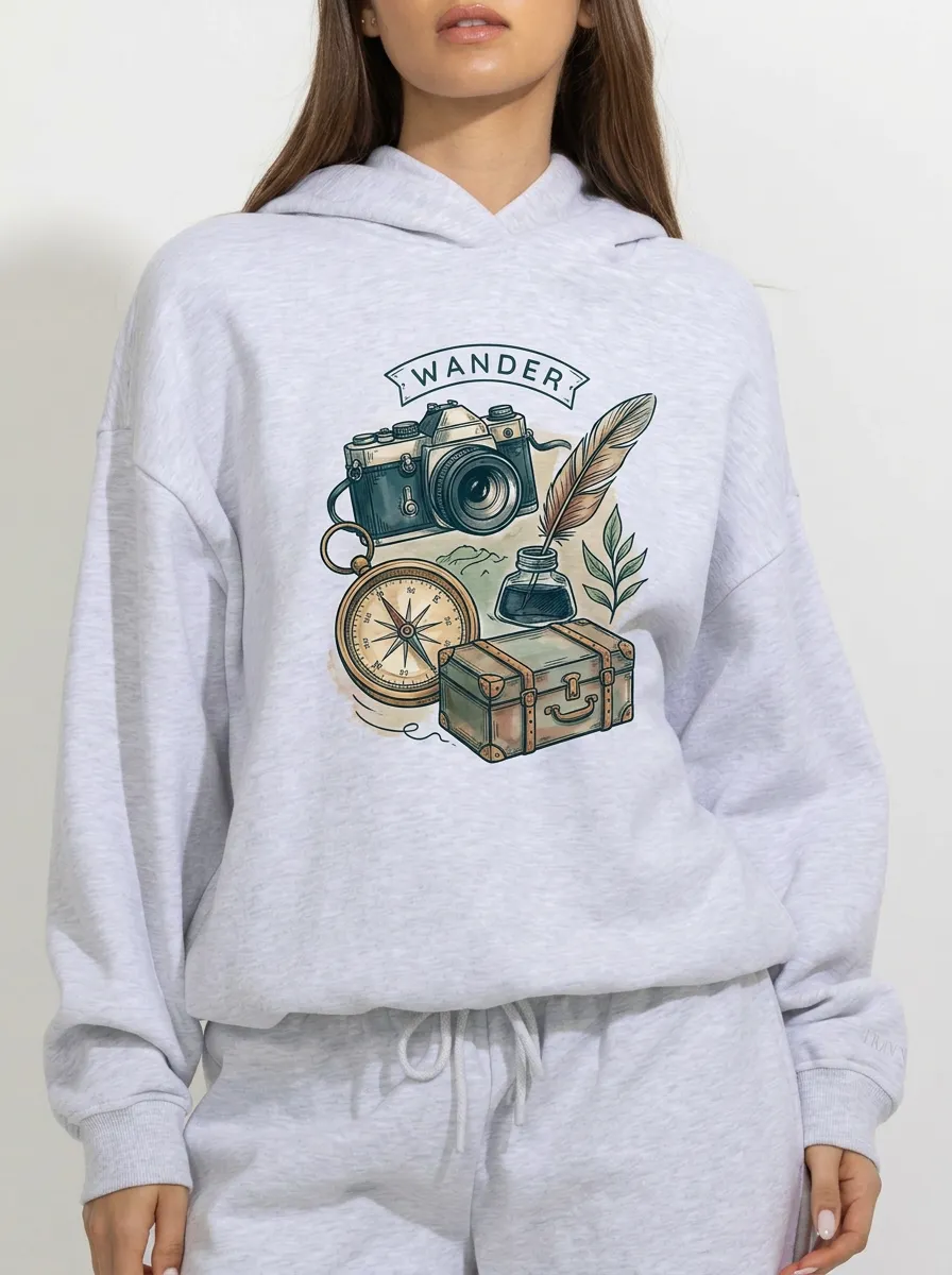 Unisex Wander Travel Lover Camera Compass Printed Hoodie