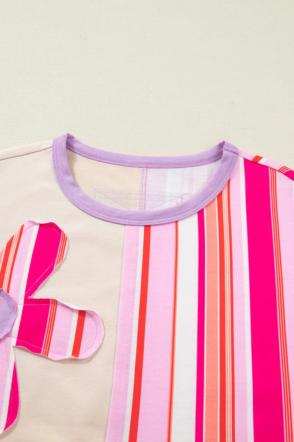 Pink Striped Block Flower Patched Top