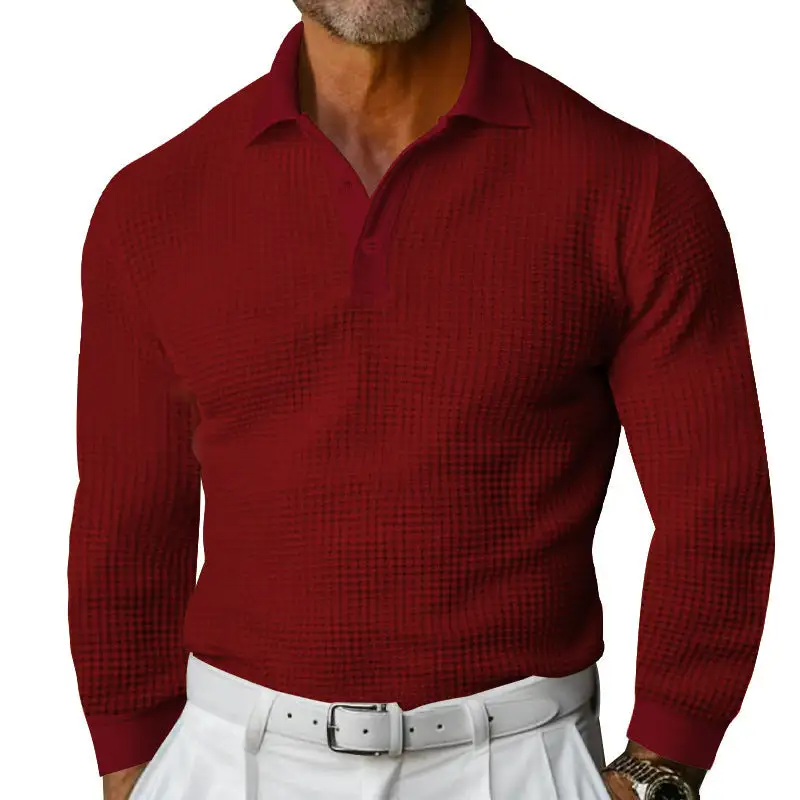 Waffle Texture Elastic Hem Long Sleeve Polo Shirt