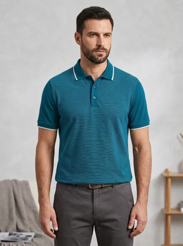 Men's Navy Blue Textured Contrast Trim Printed Polo Shirt
