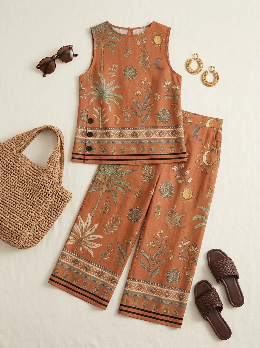 Women's Bohemian Sun Moon Palm Printed Sleeveless Set