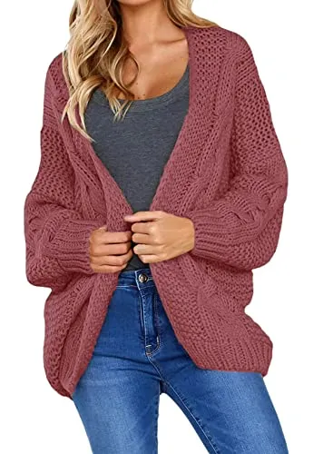 Womens Open Front Long Sleeve Chunky Knit Cardigan Sweaters Loose Outwear Coat