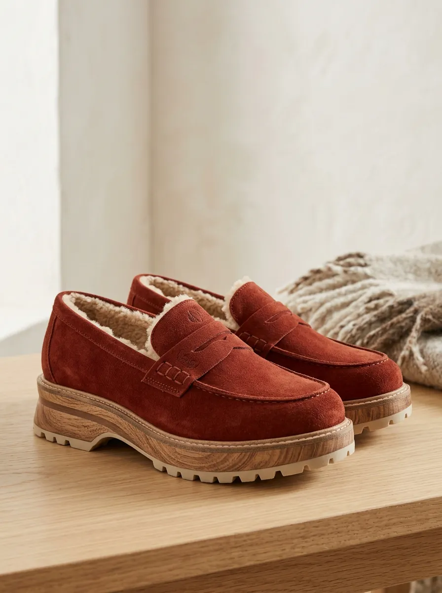 Women's Utility Faux Fur Lined Suede Wood Sole Loafers