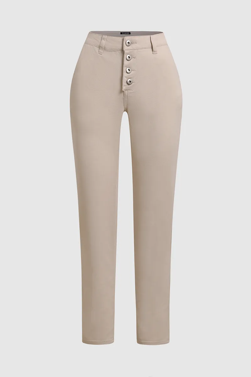 Solid Button Fly Slant Pocket Jeans