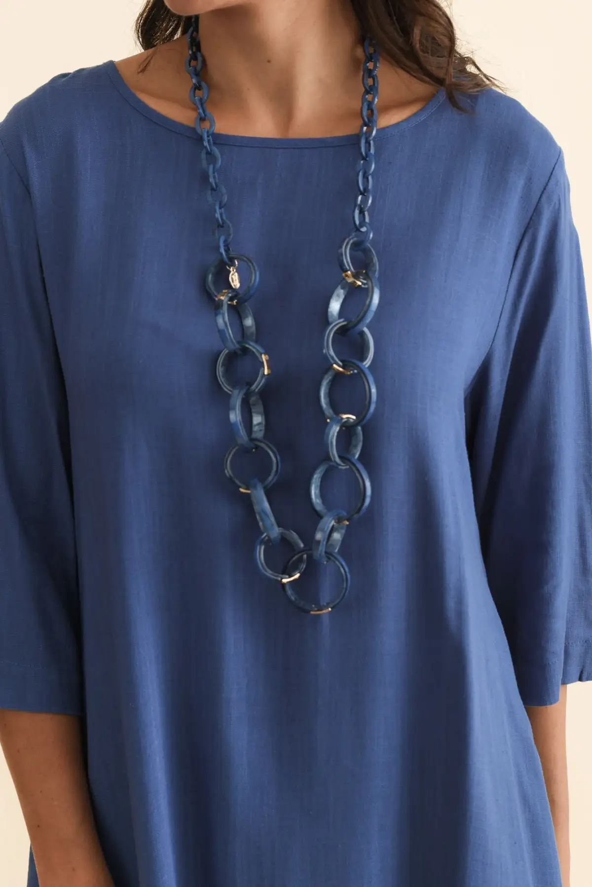 Linen Pocket Round-Neck Three-Quarter-Sleeve Draped Relaxed Knee-Length Dress