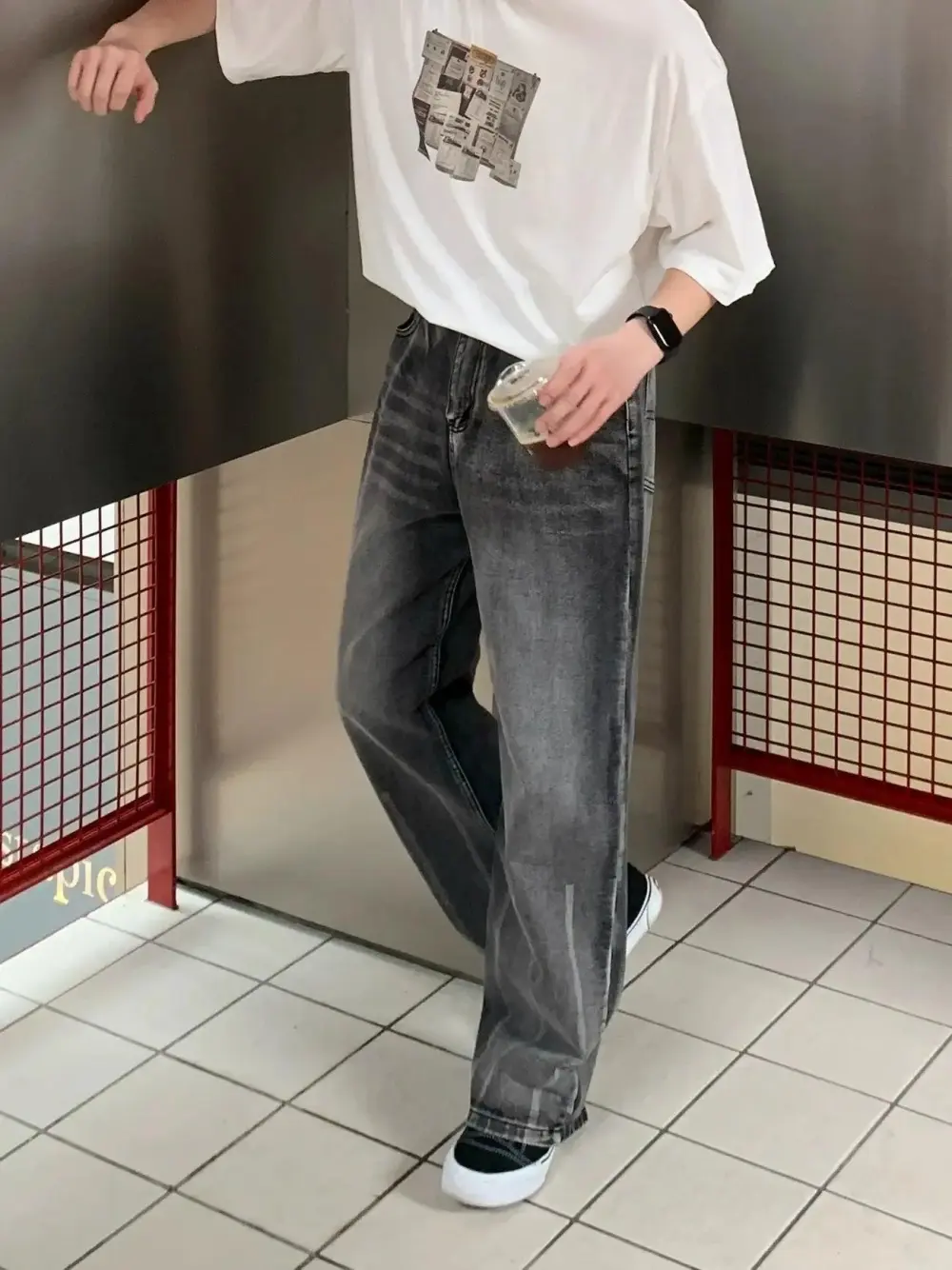 Washed And Faded Straight Leg Jeans