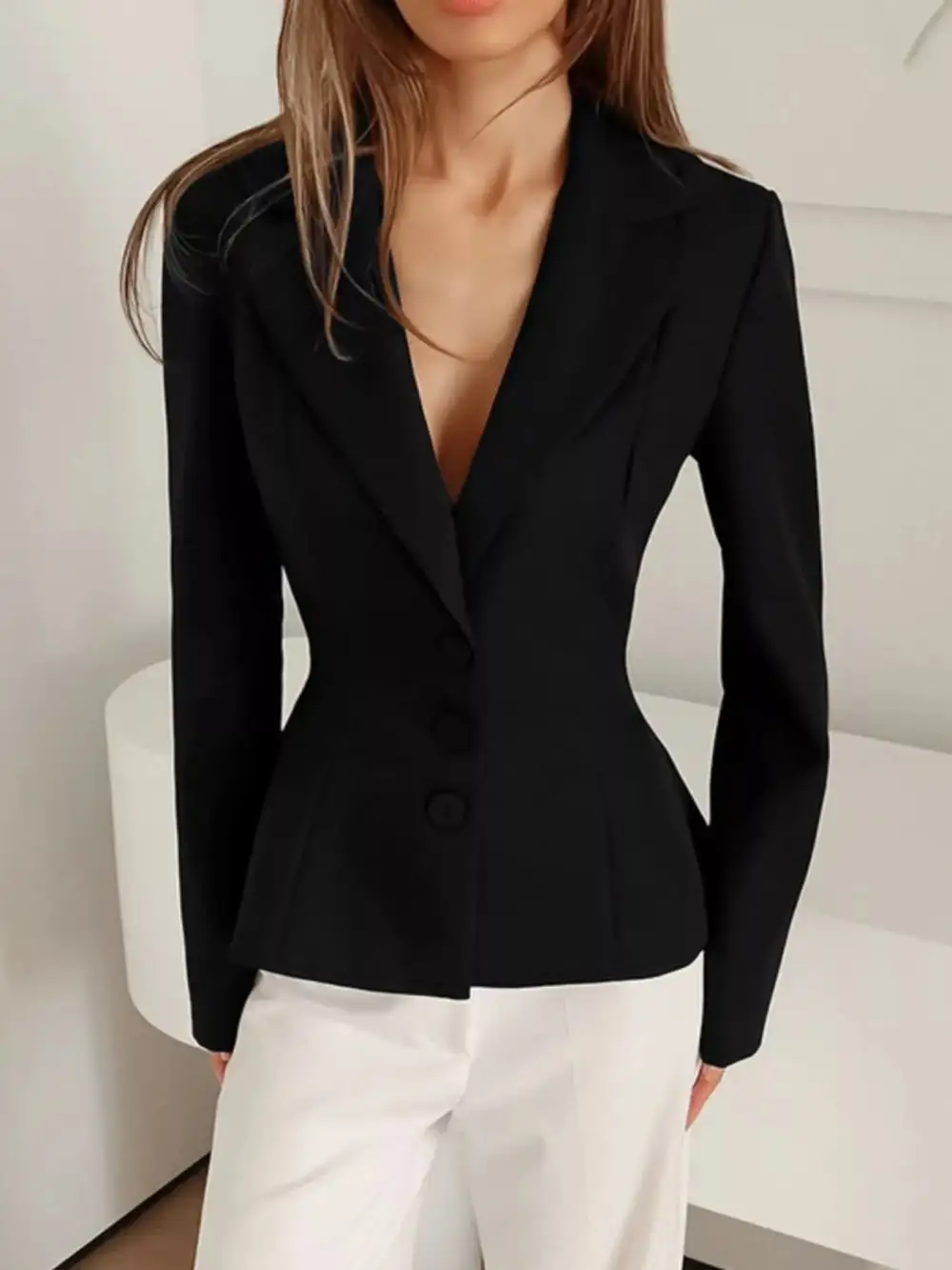 Button-Up Lapel-Collar Peplum Blazer