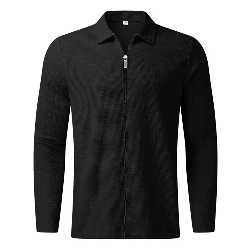 Waffle Texture Long Sleeve Fine Knit Polo Shirt