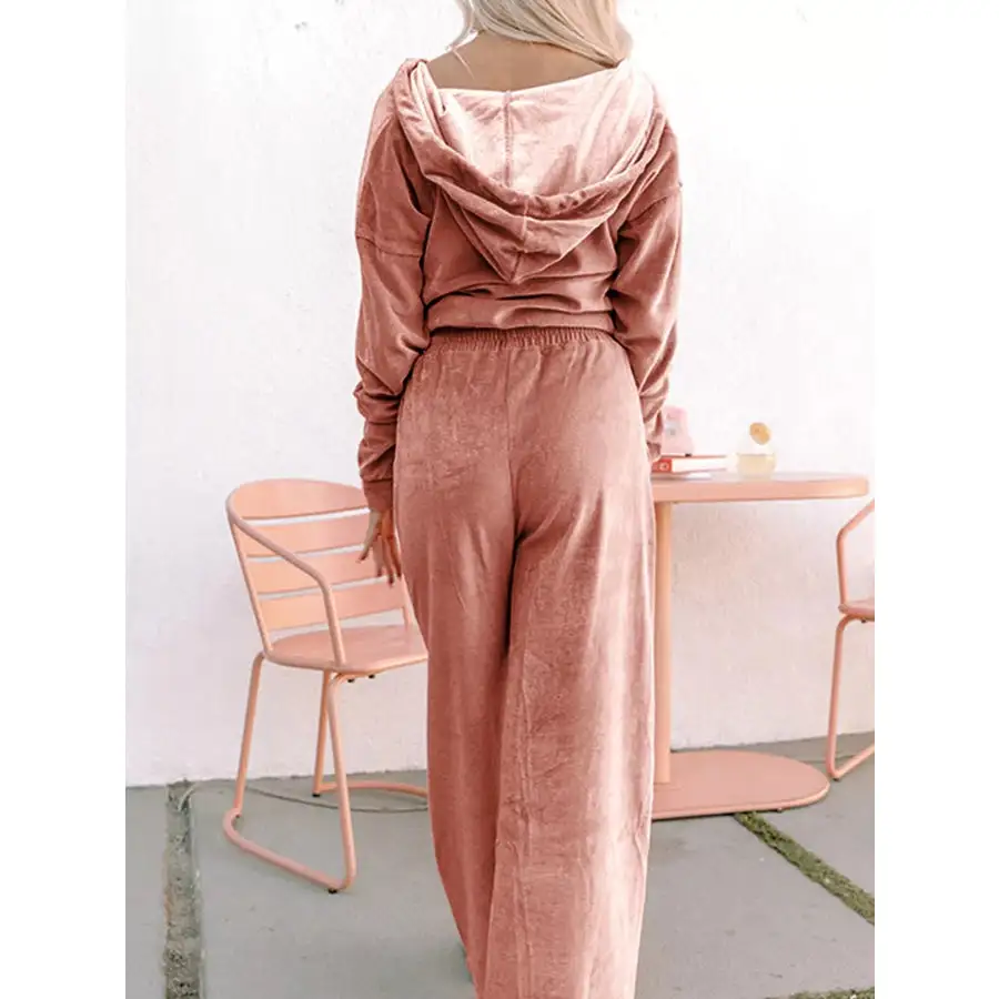 Zip Up Dropped Shoulder Hooded Top and Pants Set