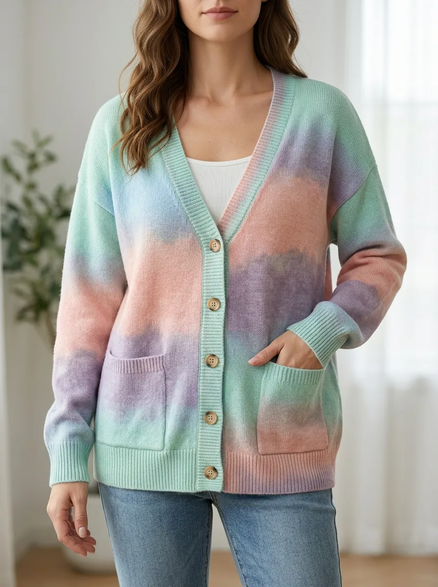 Women's Pastel Tie-Dye Pattern Printed Dropped Shoulder Relaxed Everyday Cardigan