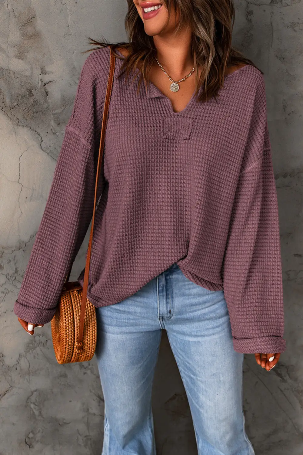 Waffle Knit Long Sleeve Loose Fit Women's Top