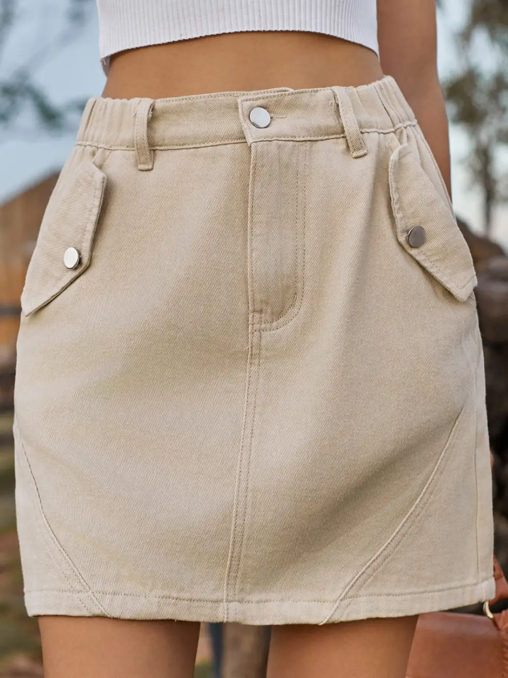 Tailored Button Front Denim Detail Skirt