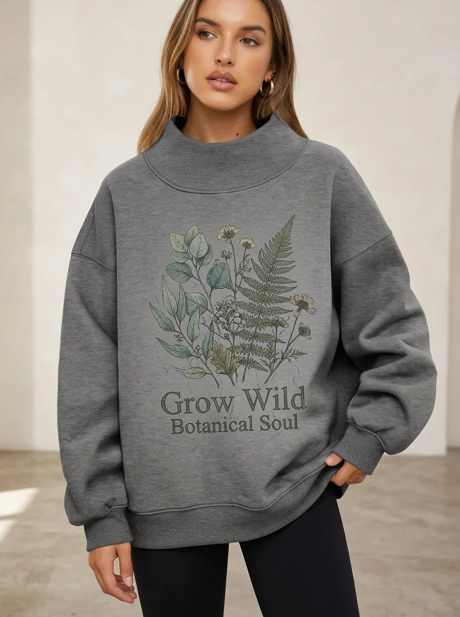 Women's Nature Lover Grow Wild Botanical Fern Printed Sweatshirt