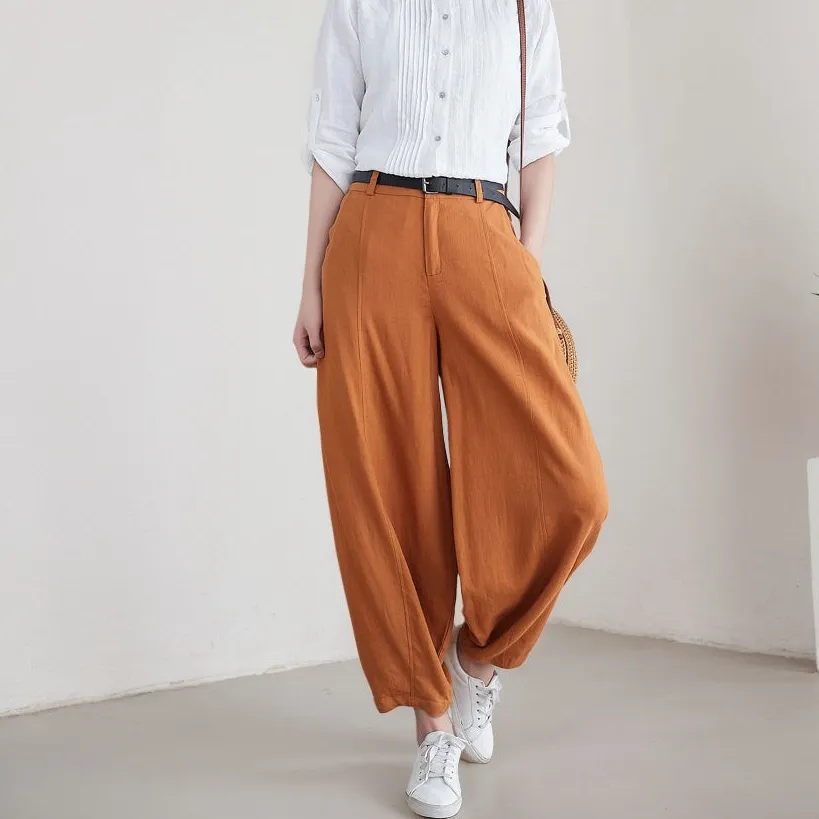 Relaxed Linen Cotton Wide Leg Pocketed Trousers