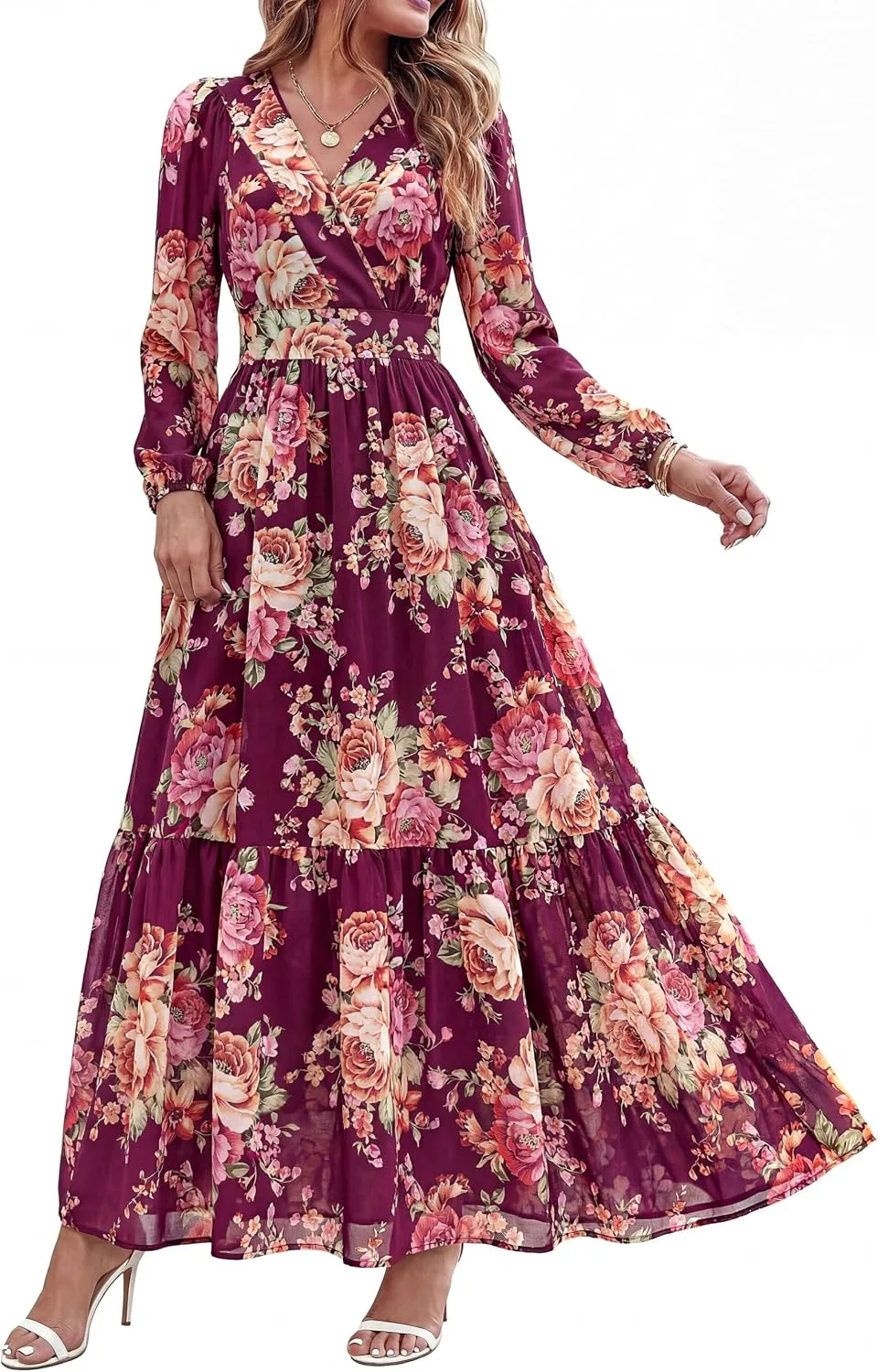 dowerme Women Fall Long Sleeve Wrap V Neck Floral Belted Boho Maxi Dress