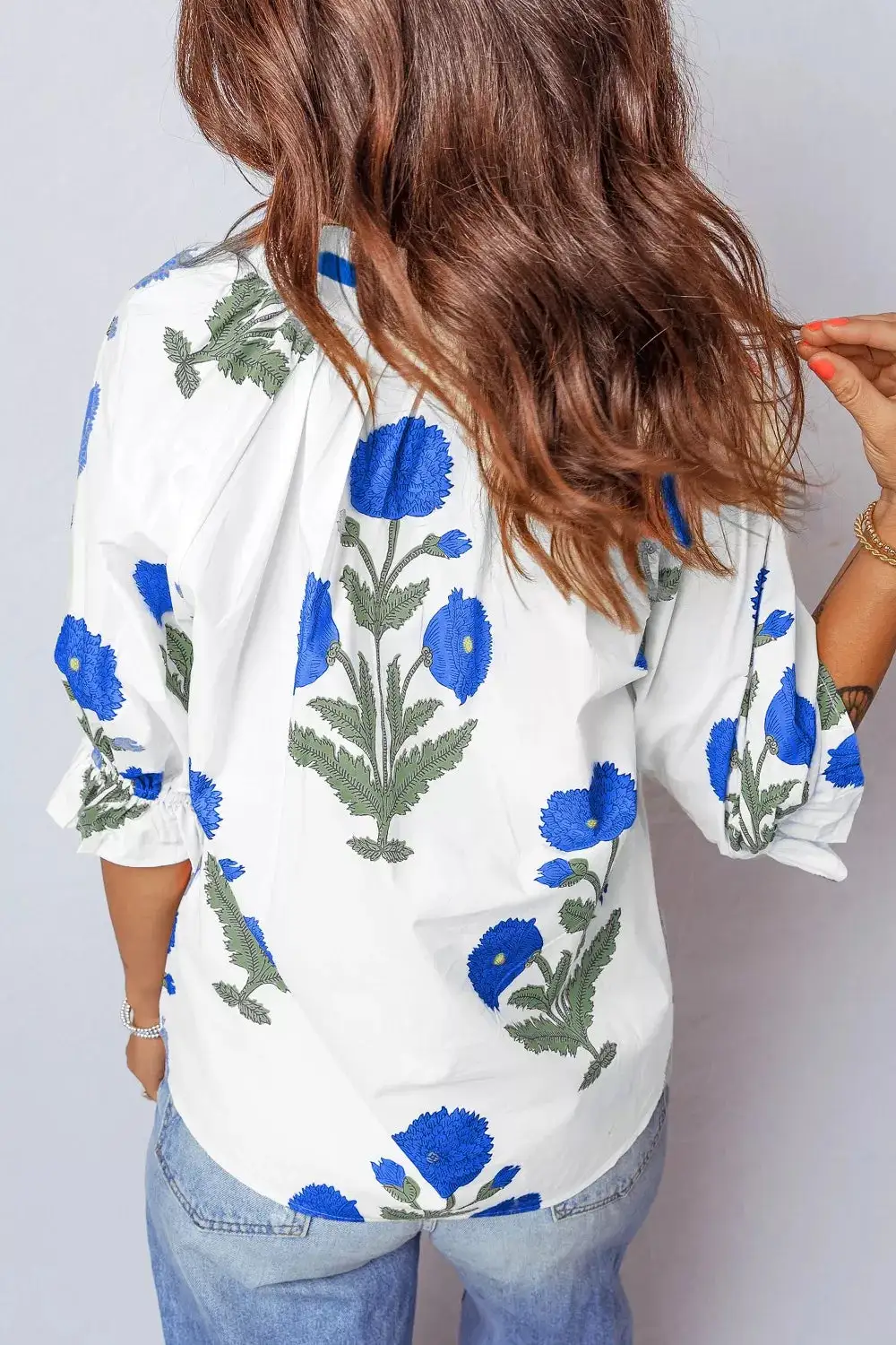 Floral Print Notched Ruffled Sleeve Blouse