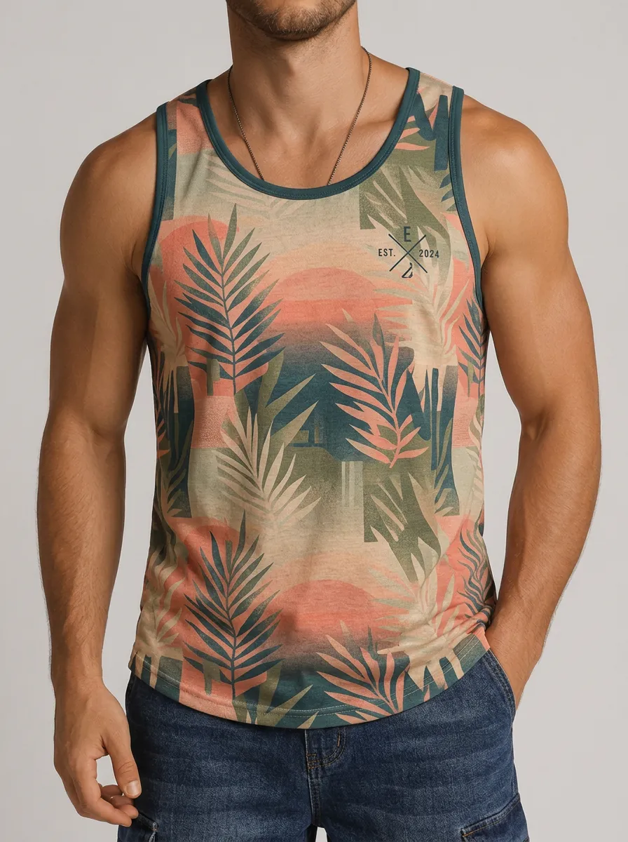 Men's Tropical Sunset Palm Leaf Printed Tank Top