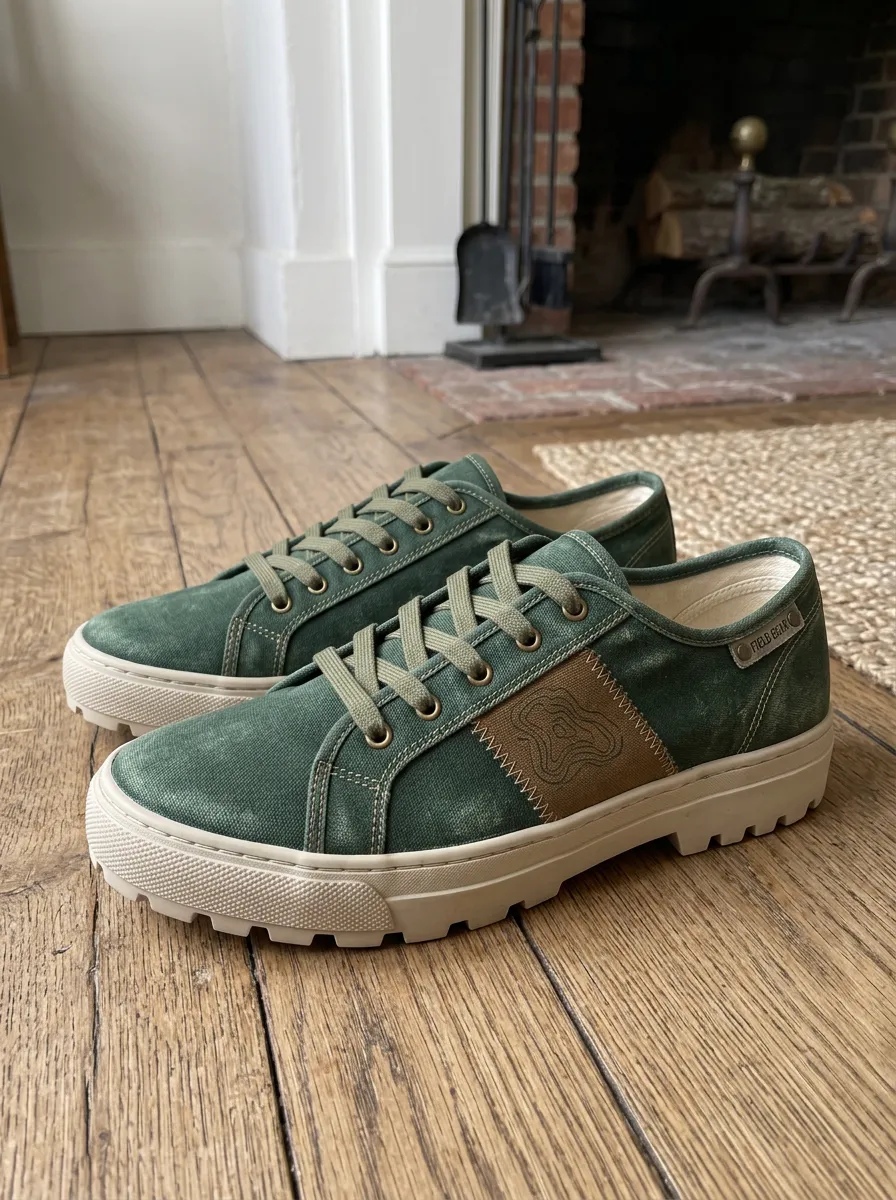 Men's Green Canvas Topographic Pattern Printed Sneakers