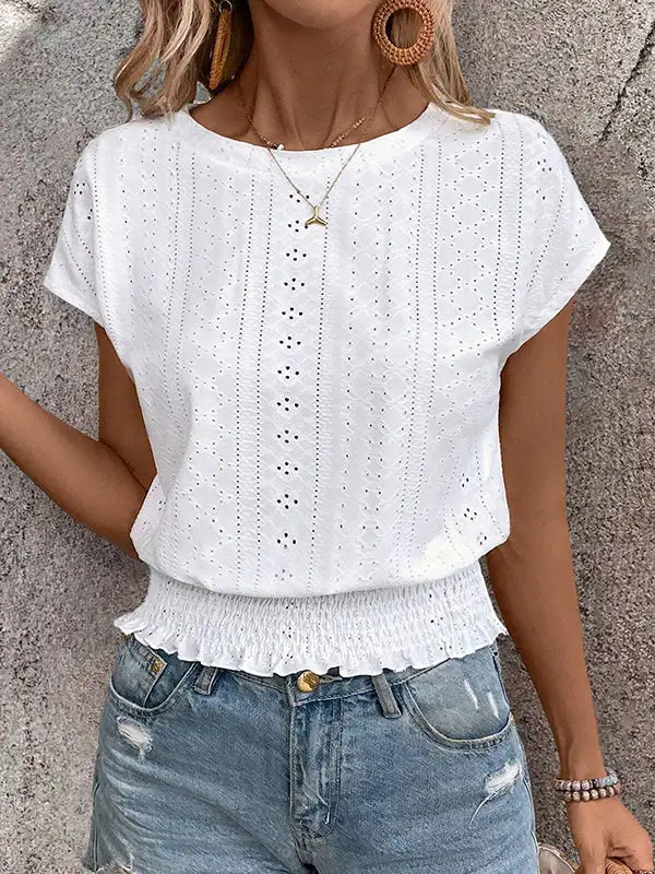 Relaxed Short Sleeve Elasticity Cutout Jacquard Round Neck T-Shirt