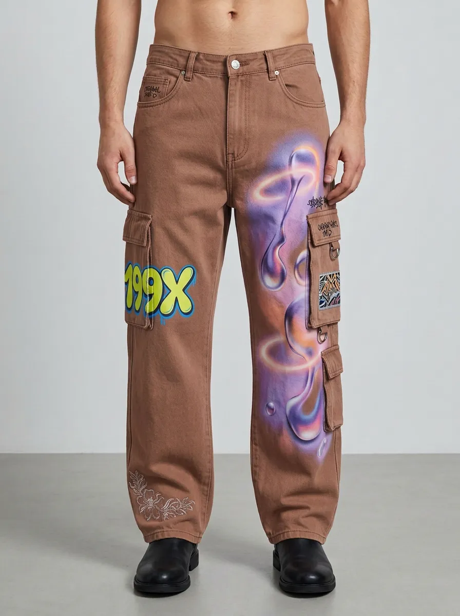 Men's Streetwear 199X Graffiti Liquid Metal Graphic Cargo Jeans