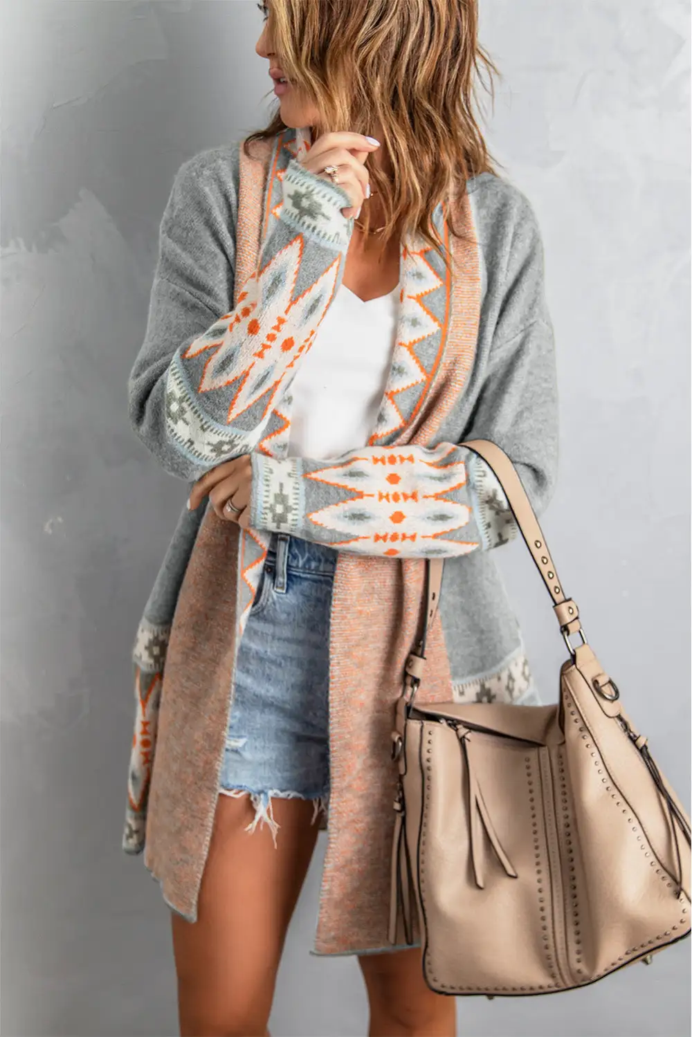Aztec Print Open Front Knit Long Sleeve Cardigan